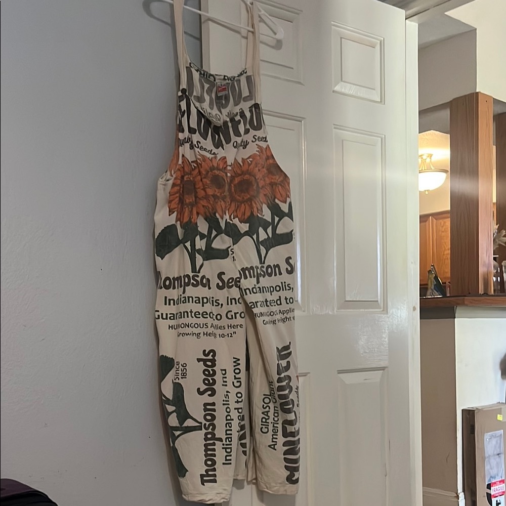 Upcycled Sunflower Print Overalls boho